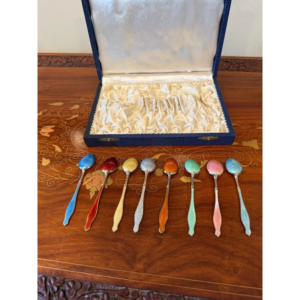 Vintage‎ Norwegian Sterling Silver Enamel Demitasse Spoon Set with Box
